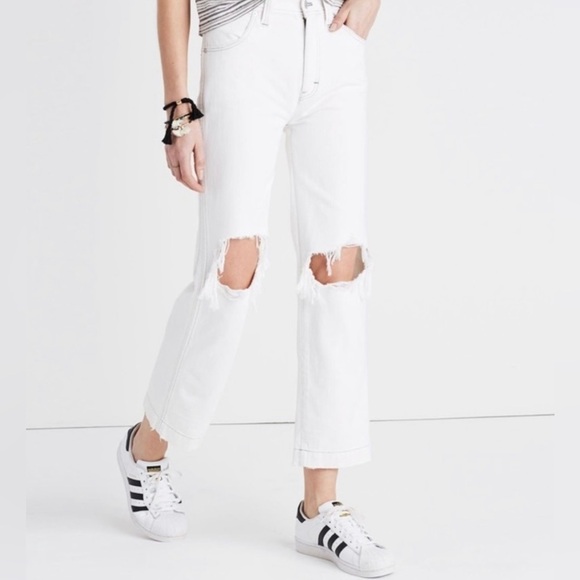 Madewell White Ripped High Rise Straight Jeans | Size 28 - Picture 4 of 11